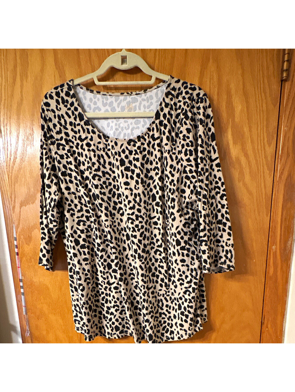 Belle QVC Leopard Animal Print Tunic Beige Black 3/4 Sleeve Scoop Neck XL
